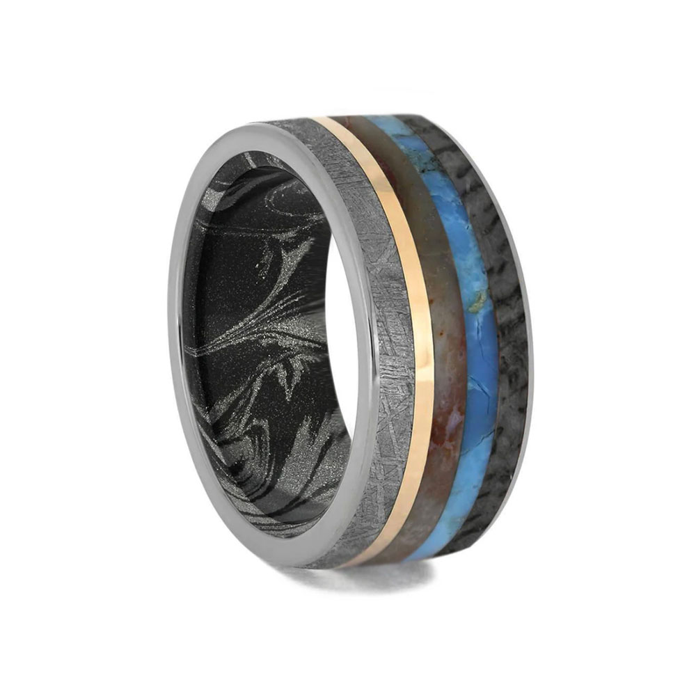 Unique Mens Ring with Meteorite Dinosaur Bone Turquoise Petrified