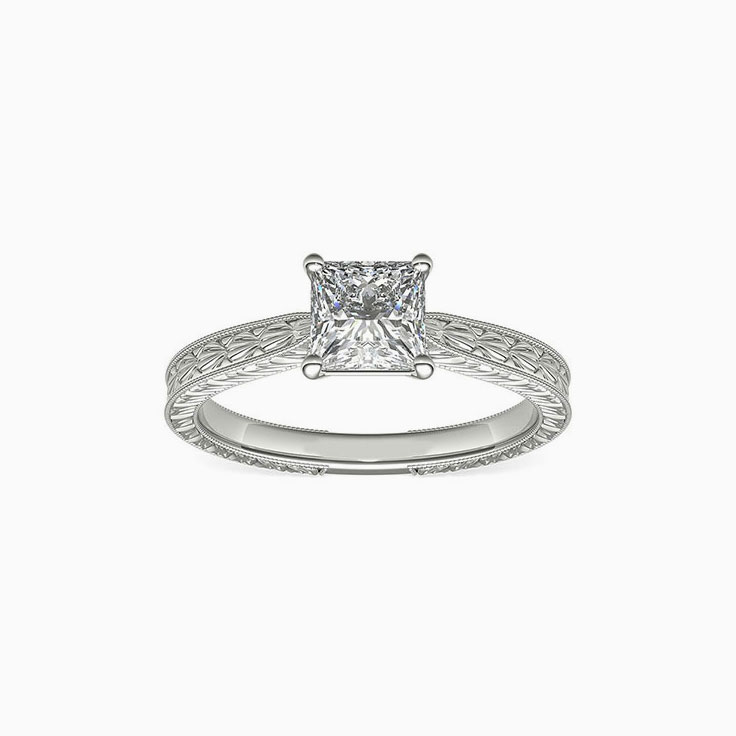 Princess Cut Solitaire Hand Carved Engagement Band