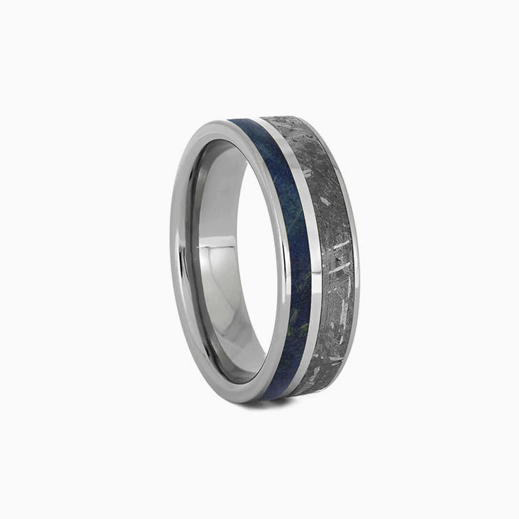 Meteorite And Blue Wood Mens Wedding Band With Pinstripe