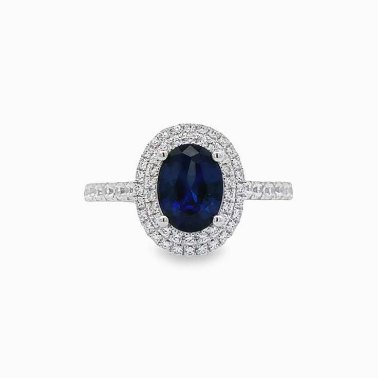 Blue sapphire with double halo ring