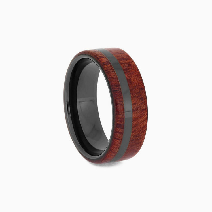 Black Ceramic Bloodwood Ring With Pinstripe