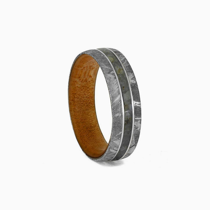 Dinosaur Bone Mens Ring With Meteorite Wood Sleeve
