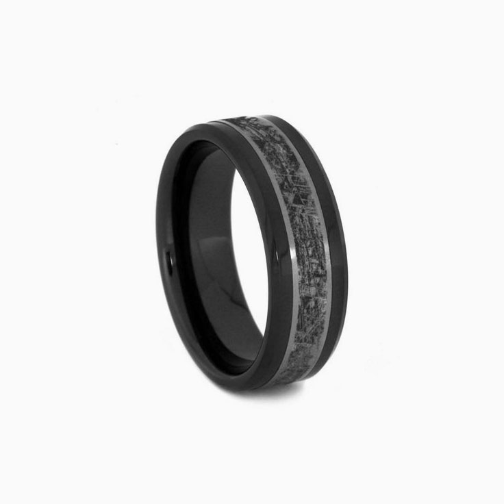 Black Ceramic Mens Ring with Meteorite Pattern