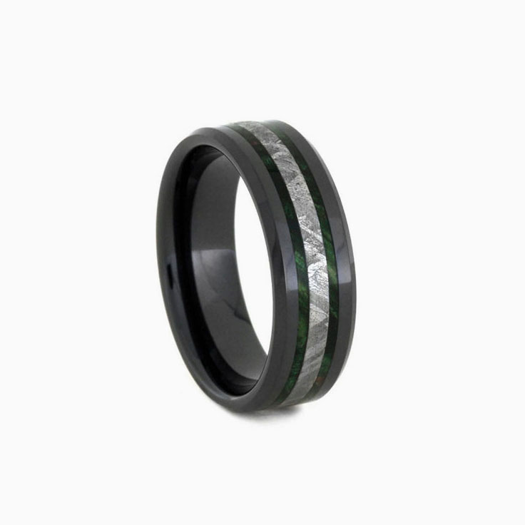 Black Ceramic Ring with Meteorite Wood Inlays