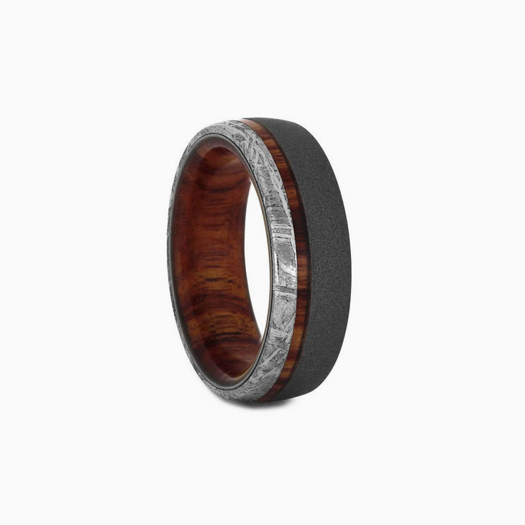 Exotic Wood Meteorite Wedding Band With Sandblasted Titanium