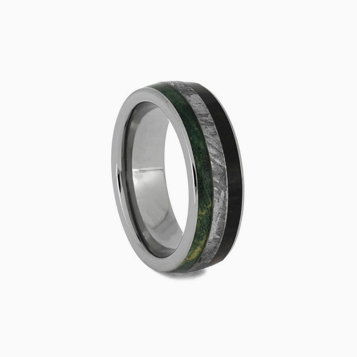 Titanium Ring With Meteorite Dinosaur Bone And Green Wood
