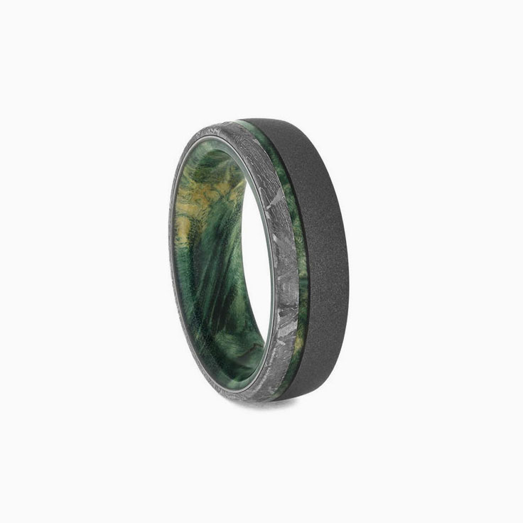 Sandblasted Mens Wedding Band With Green Box Elder Wood And Meteorite