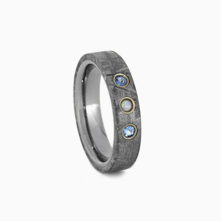 Meteorite Ring With Opal And Aquamarine Gemstones