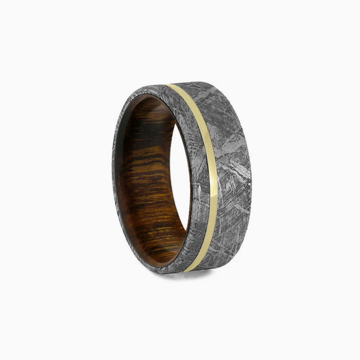 Meteorite Mens Wedding Band With Ironwood Gold Pinstripe