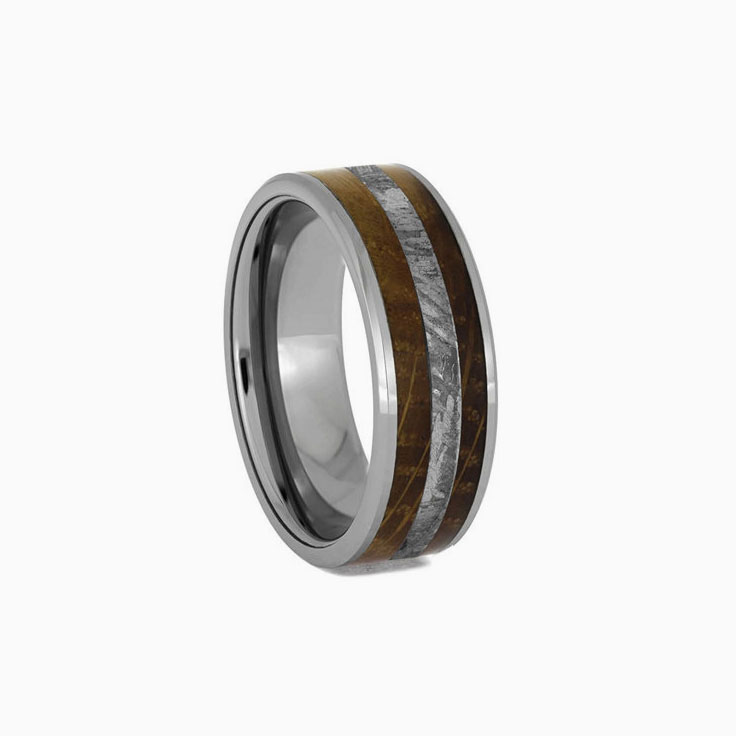 Tungsten Wedding Band With Meteorite Whiskey Barrel Oak