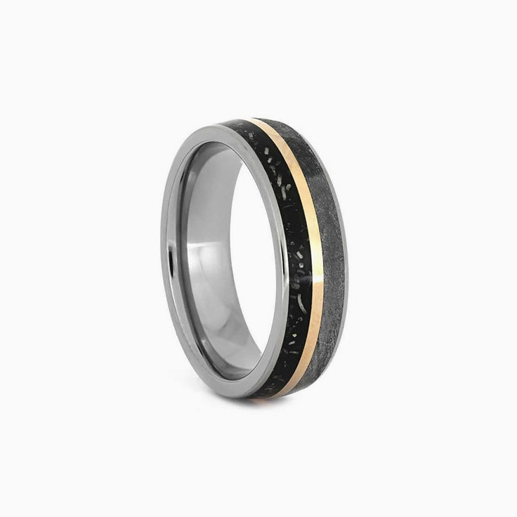 Black Stardust Wedding Band with Gold and Meteorite