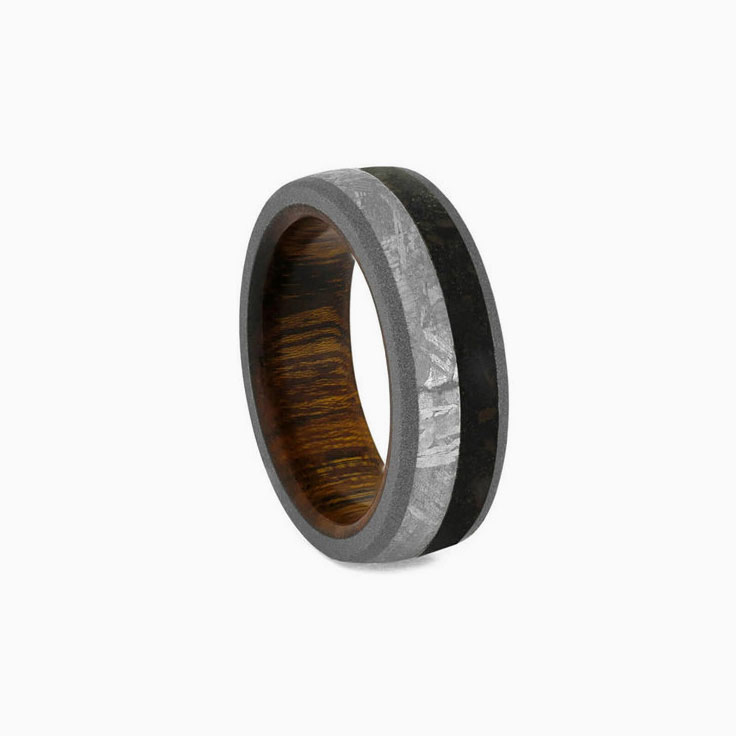 Mens Meteorite Wedding Band with Dinosaur Bone and Wood Sleeve