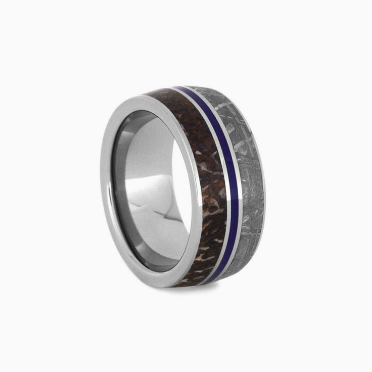 Meteorite Dinosaur Fossil Mens Wedding Band With Blue Stripe