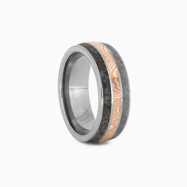Mokume Gane Ring With Meteorite Dinosaur Bone