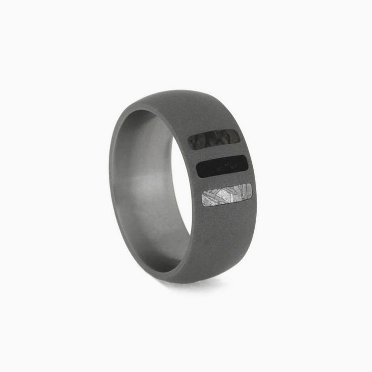 Sandblasted Titanium Ring With Meteorite Dino Bone And Blackwood