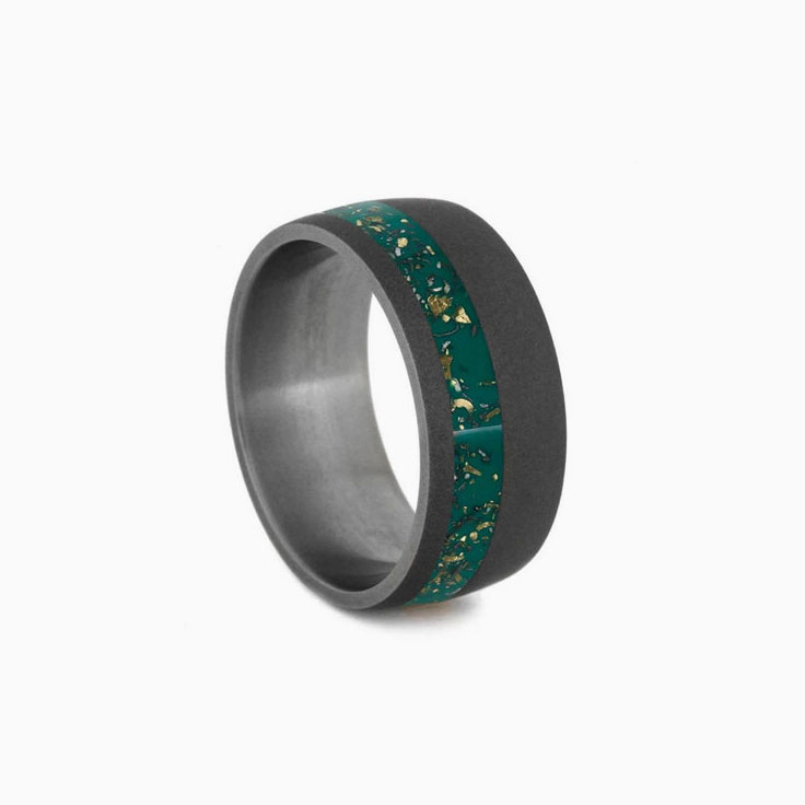 Green Stardust Mens Wedding Band With Sandblasted Titanium Finish