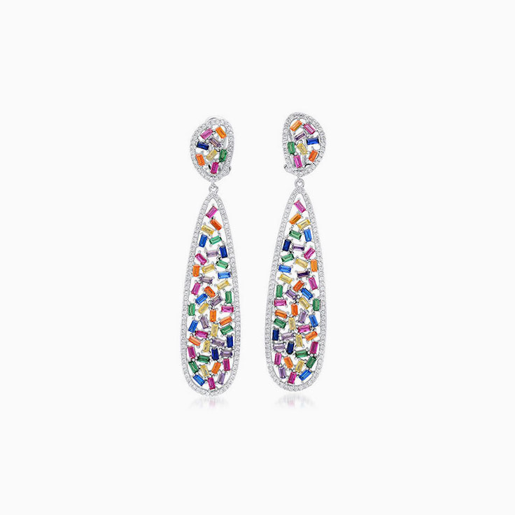 Diamond And Rainbow Sapphire Elongated Earrings