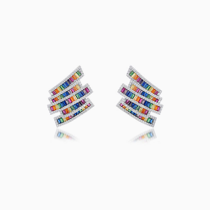 Zig Zag Diamond And Rainbow Gemstone Studs