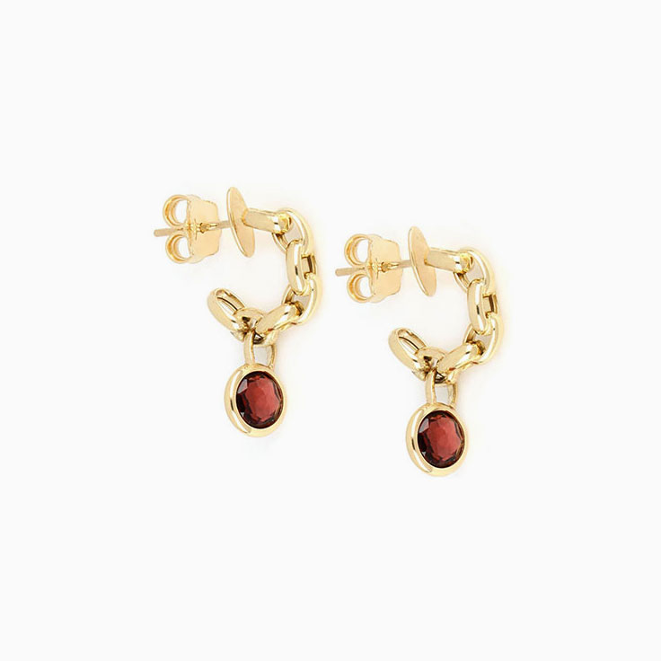 Moon Circle Earrings With Red Garnet Charm