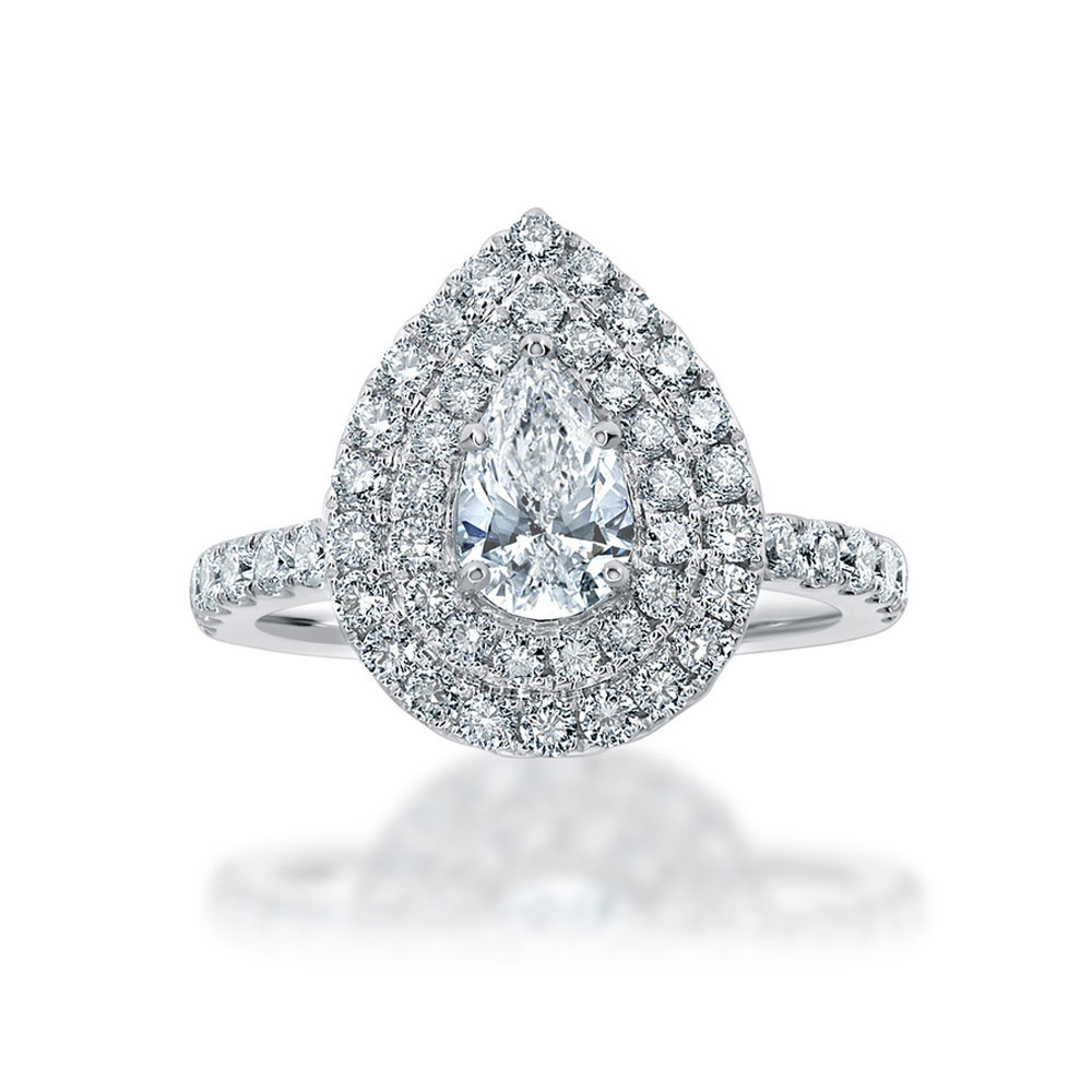 Pear Cut diamond engagement ring with double halo