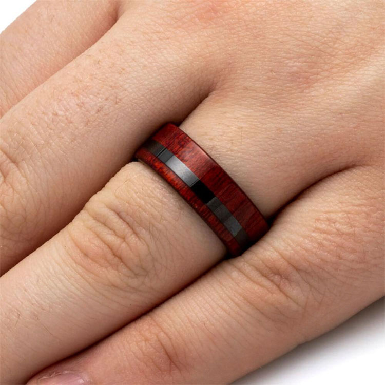 Black Ceramic Bloodwood Ring With Pinstripe