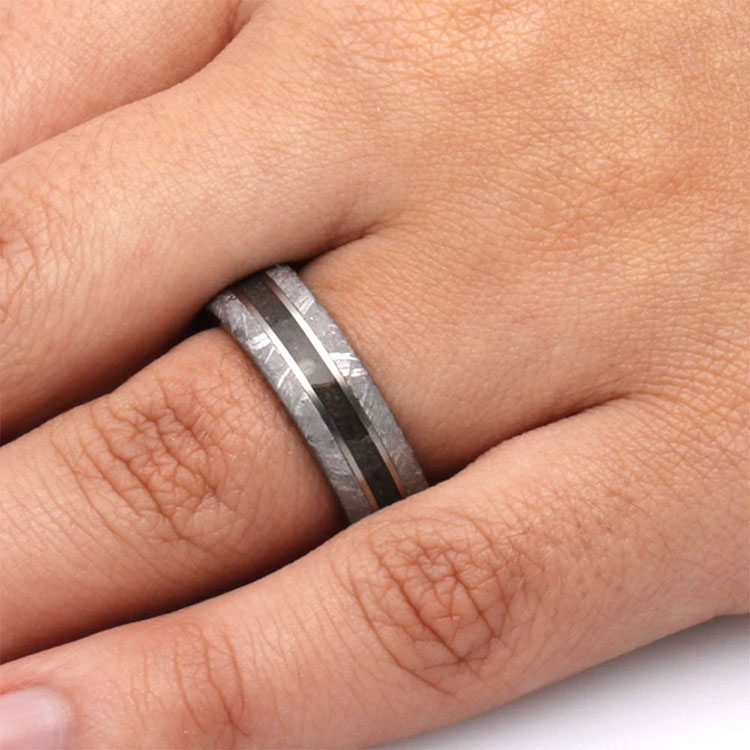 Dinosaur Bone Mens Ring With Meteorite Wood Sleeve