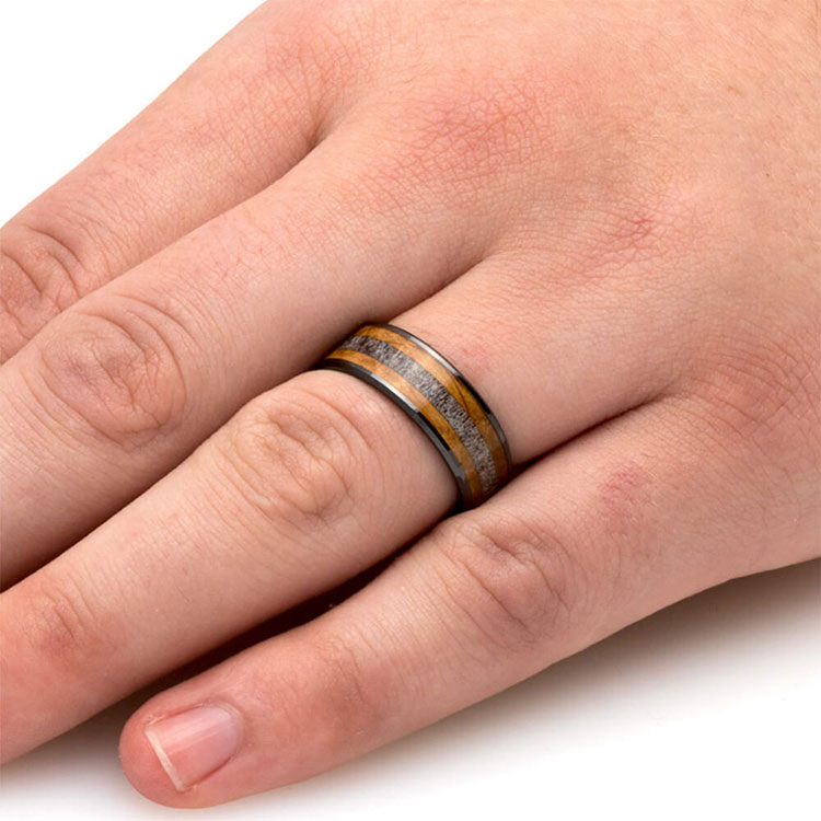 Antler Whiskey Oak Wood Mens Wedding Band