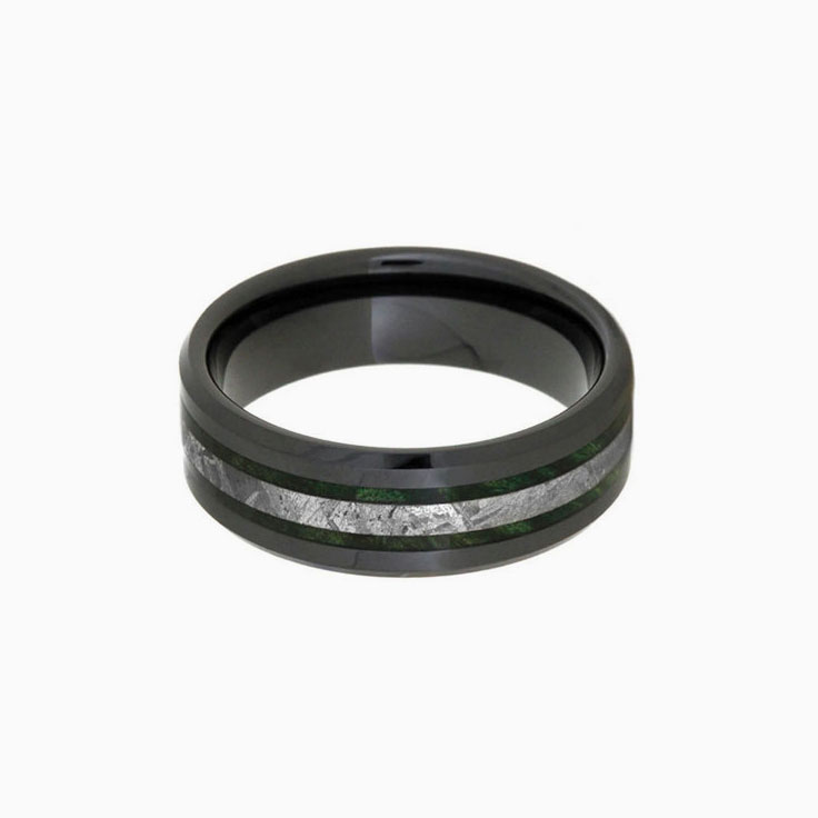 Black Ceramic Ring with Meteorite Wood Inlays