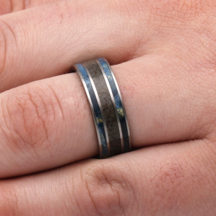 Blue Wood Mens Wedding Band With Crushed Dinosaur Bone