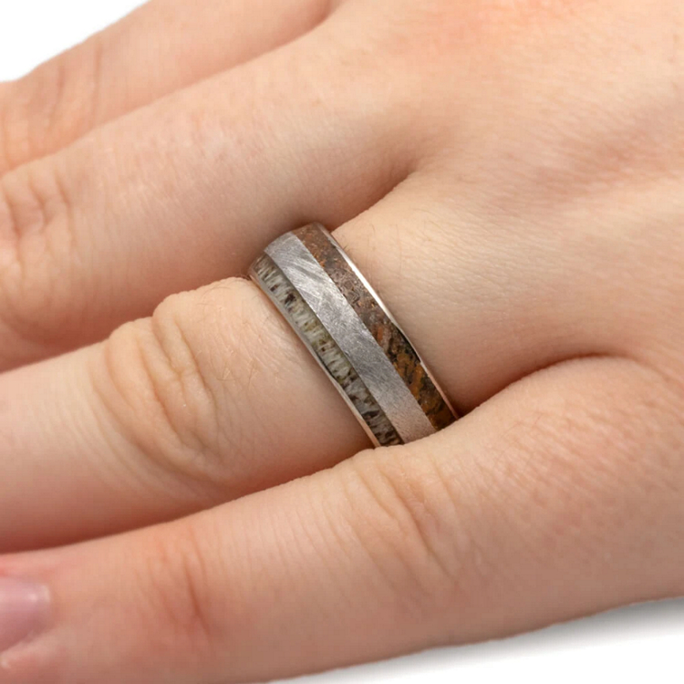 Mens Ring With Antler Meteorite Dinosaur Bone
