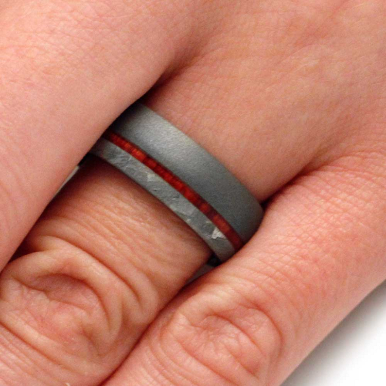 Exotic Wood Meteorite Wedding Band With Sandblasted Titanium