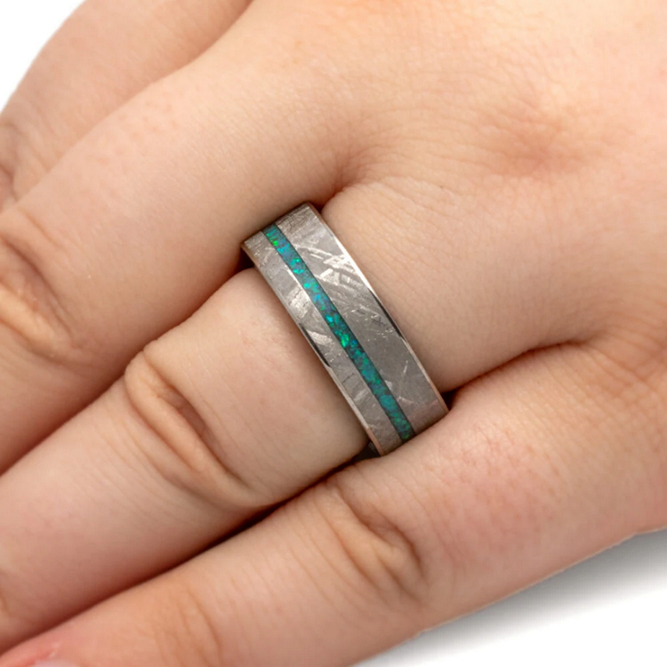 Crushed Opal Mens Wedding Band Meteorite Ring With Mokume Sleeve
