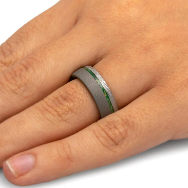 Sandblasted Mens Wedding Band With Green Box Elder Wood And Meteorite