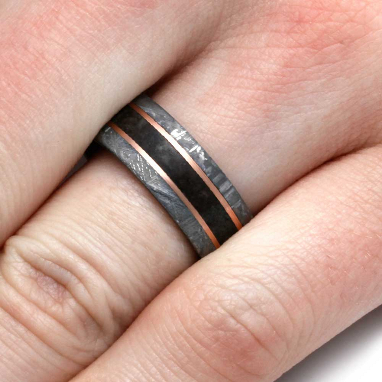 Dinosaur Bone Meteorite Wedding Band With Gold Pinstripes