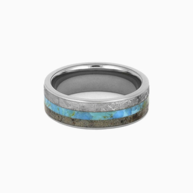 Turquoise Meteorite Dino Bone Mens Wedding Band