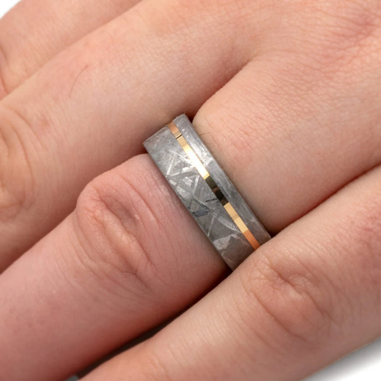 Meteorite Mens Wedding Band With Ironwood Gold Pinstripe