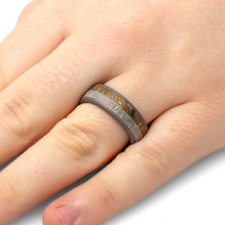 Mens Meteorite Wedding Band with Dinosaur Bone and Wood Sleeve