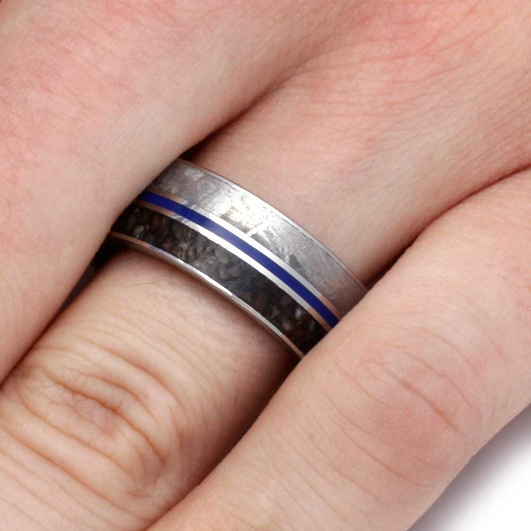 Meteorite Dinosaur Fossil Mens Wedding Band With Blue Stripe
