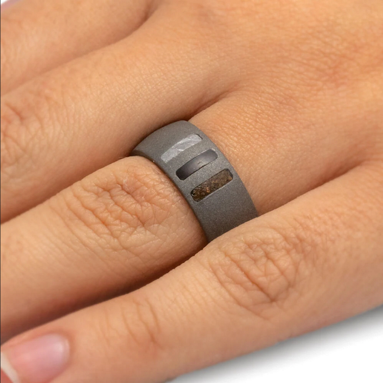 Sandblasted Titanium Ring With Meteorite Dino Bone And Blackwood