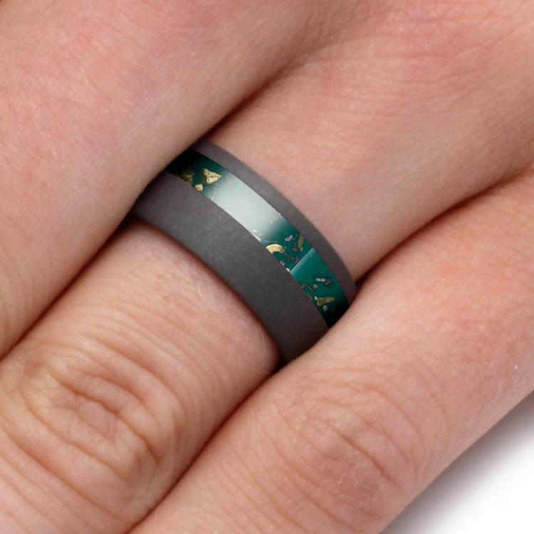 Green Stardust Mens Wedding Band With Sandblasted Titanium Finish
