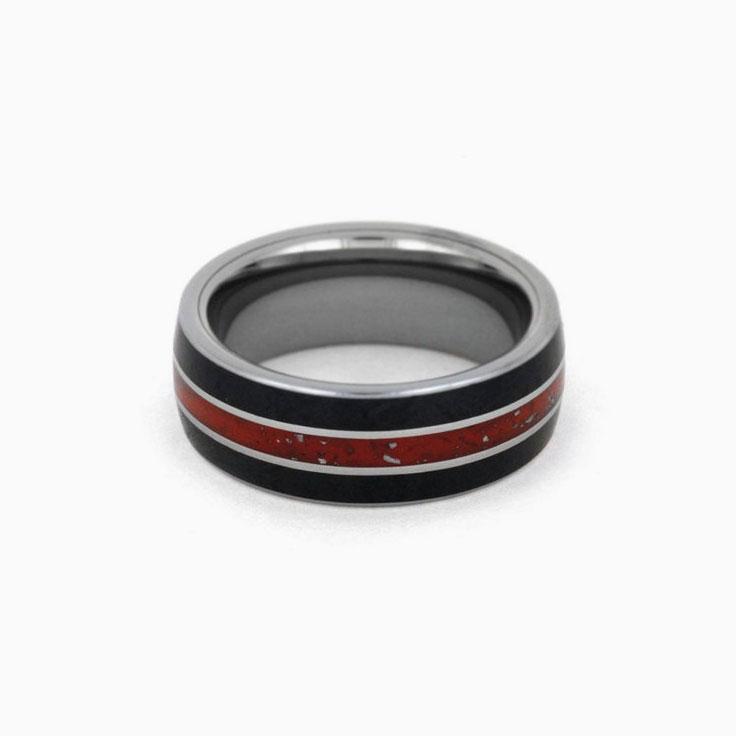 Tungsten Wedding Band with Red Stardust And Black Jade