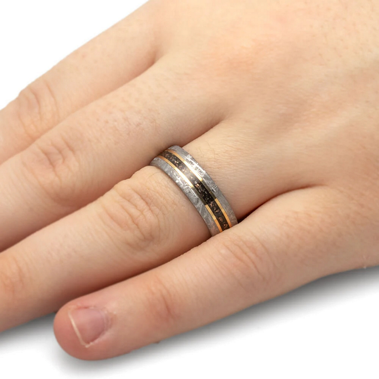 Titanium Ring With Meteorite Black Stardust and Gold Pinstripes